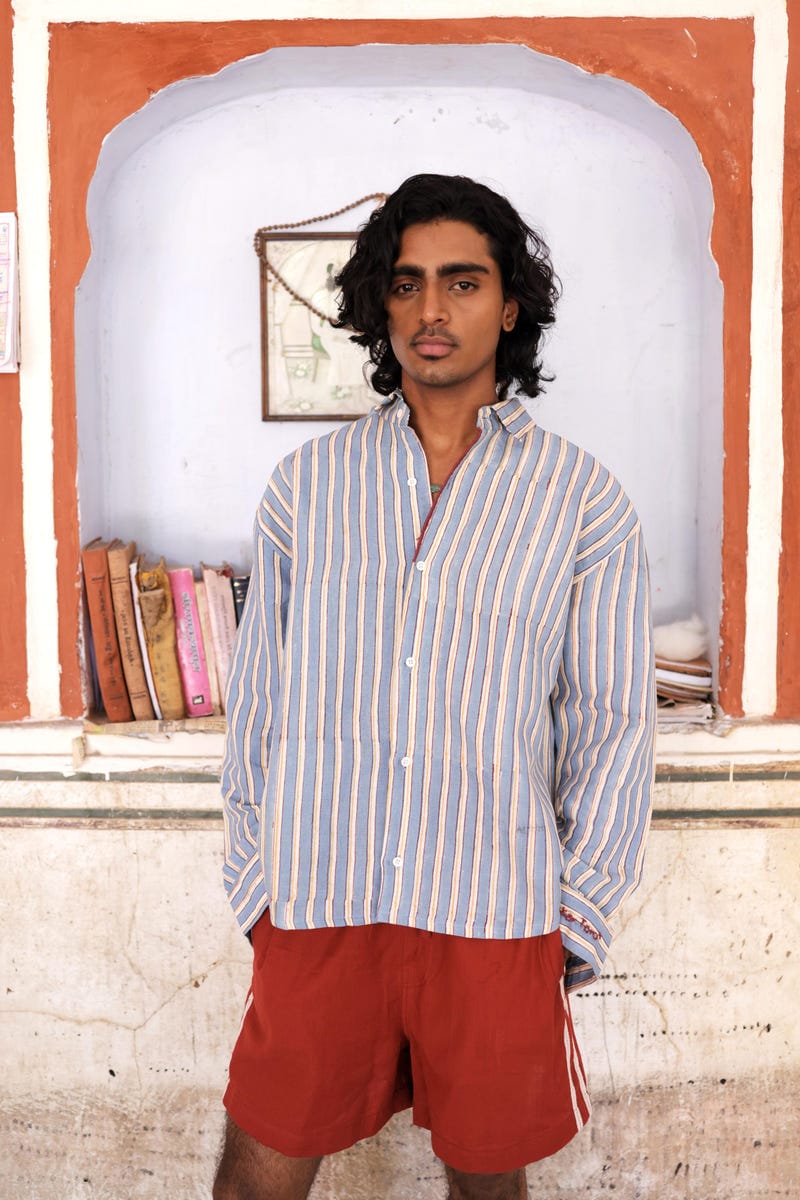 Blue Hand-Blocked Stripe Linen Shirt
