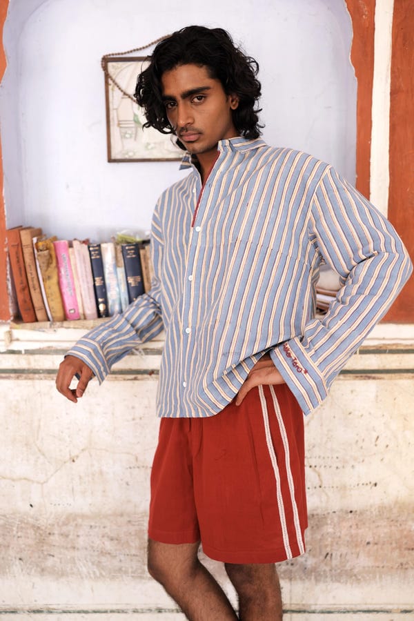 Aakartaro — Blue Hand-Blocked Stripe Linen Shirt