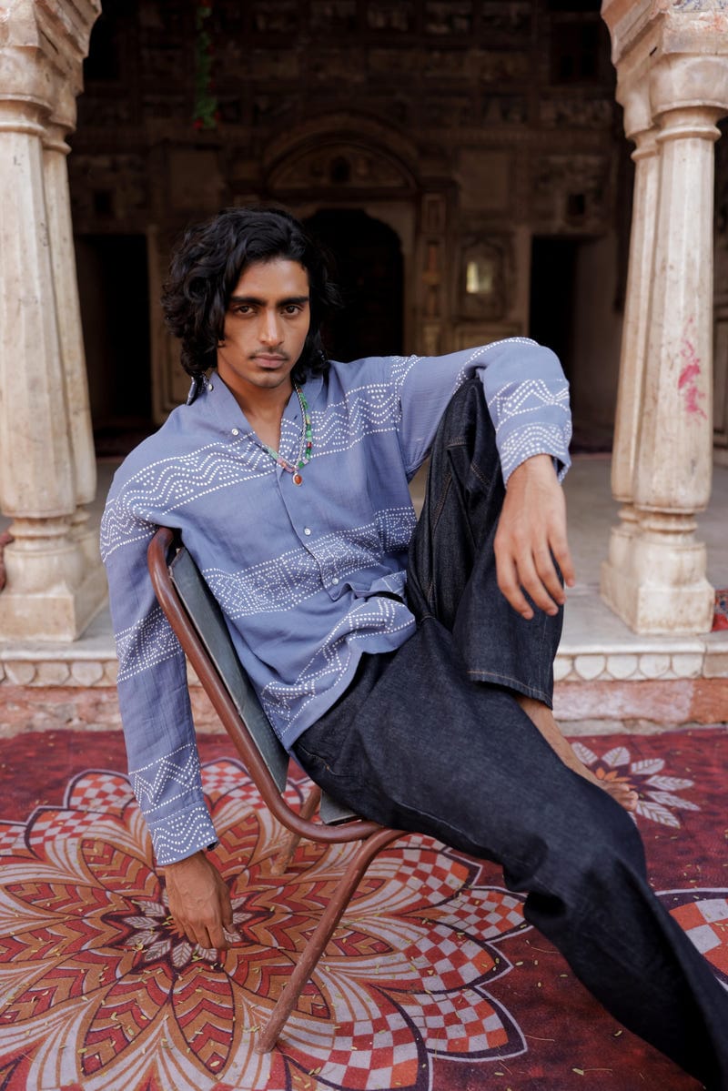 Summer Blue Hand-Blocked Panel Shirt