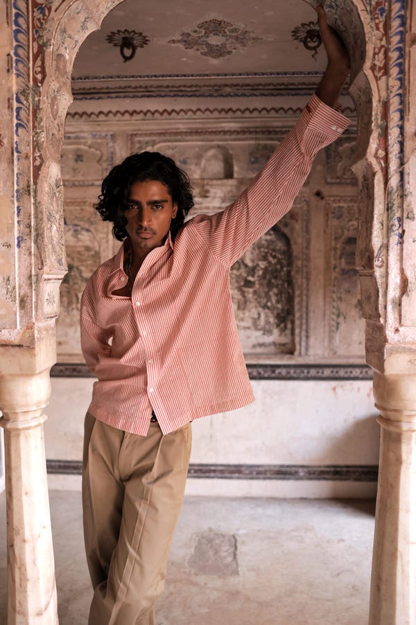 Aakartaro — Red Summer Hand-Blocked Stripe Shirt