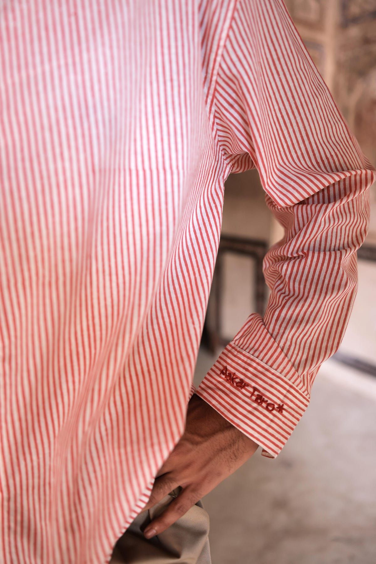 Red Summer Hand-Blocked Stripe Shirt - image 4