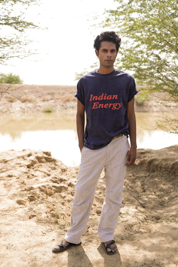 Aakartaro — White & Blue Striped Embroidered Summer Pants
