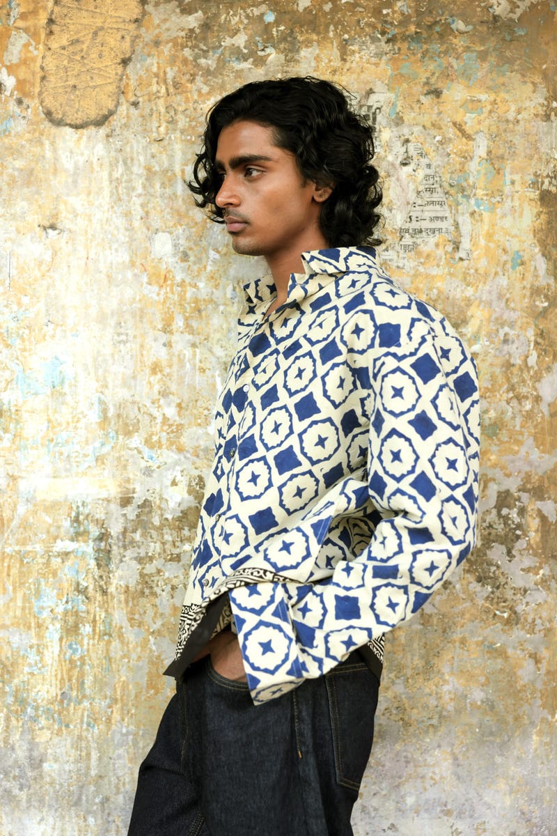 Blue Bagru Hand-Blocked Summer Shirt