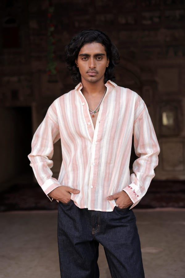 Aakartaro — Cream & Pink Hand-Blocked Dobby Shirt