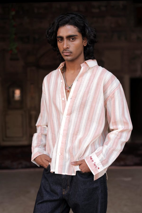 Aakartaro — Cream & Pink Hand-Blocked Dobby Shirt