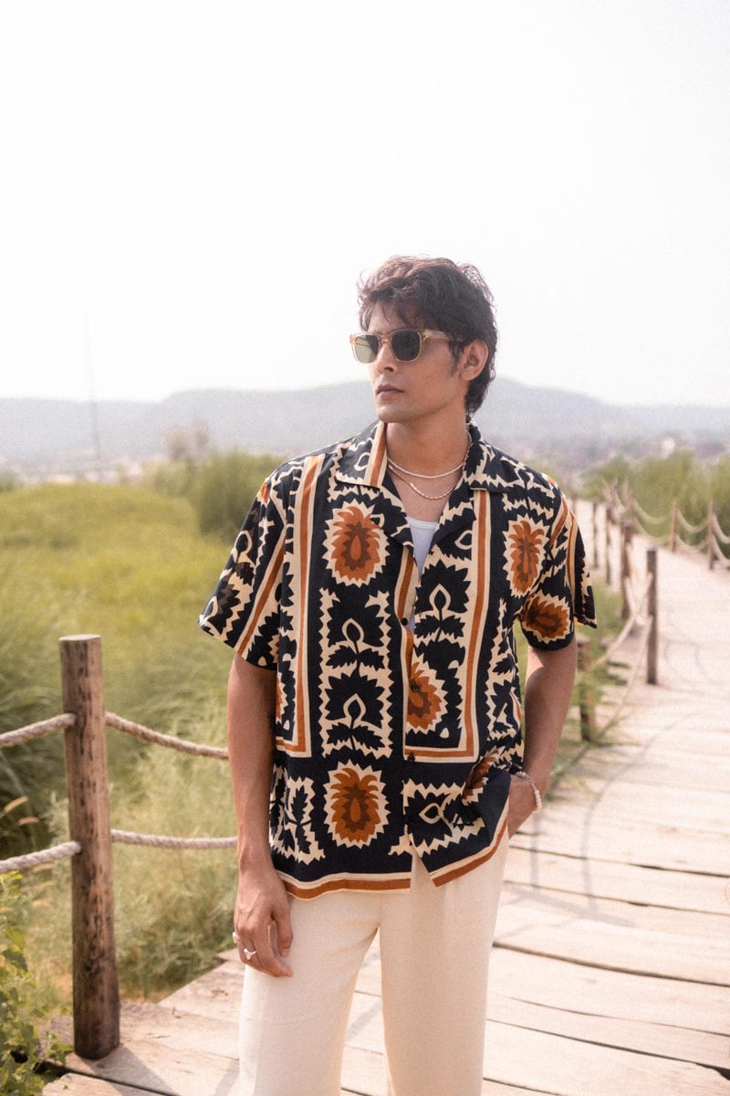 Beige & Navy Printed Shirt