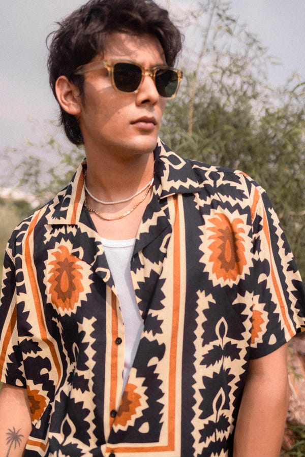 Aakartaro — Beige & Navy Printed Shirt