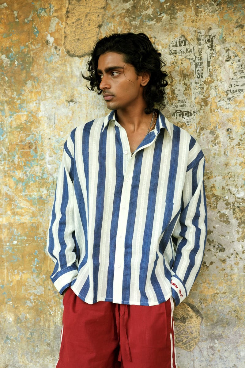 Blue & Cream Hand-Blocked Dobby Shirt