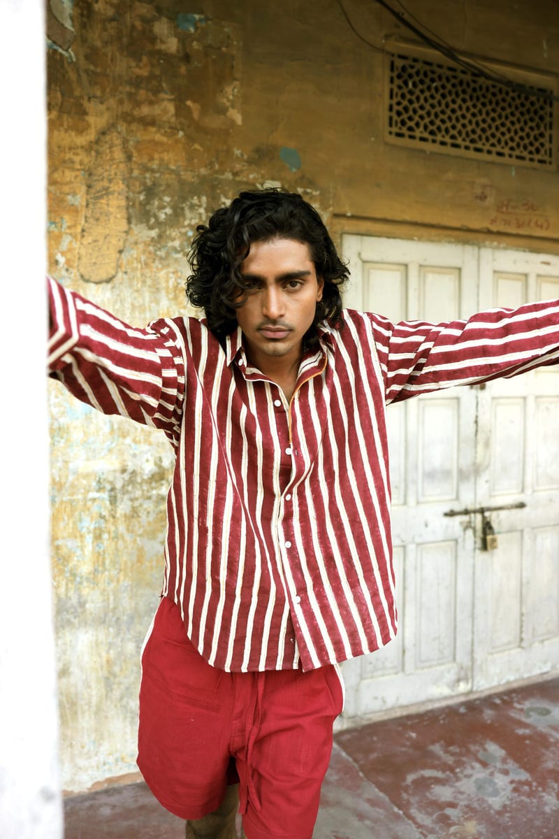 Maroon Hand-Blocked Stripe Linen Shirt