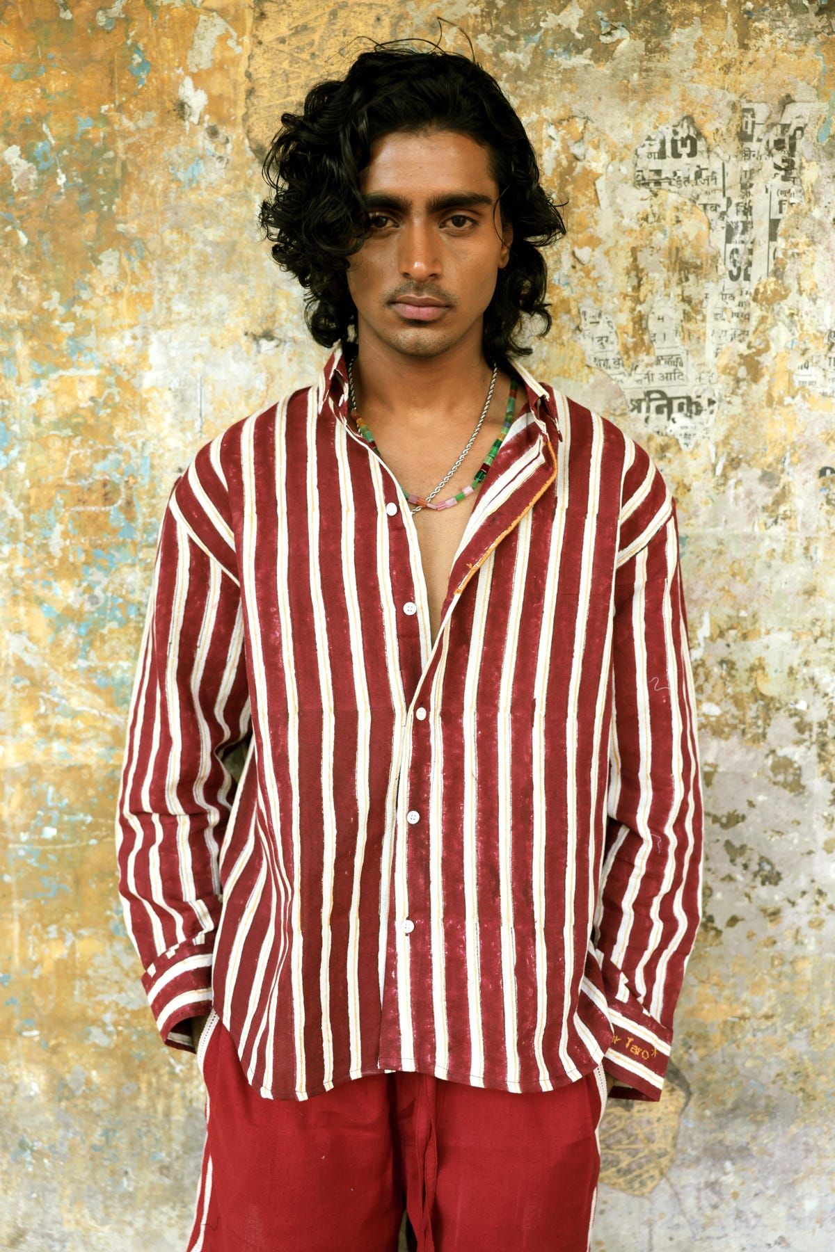Maroon Hand-Blocked Stripe Linen Shirt - image 2