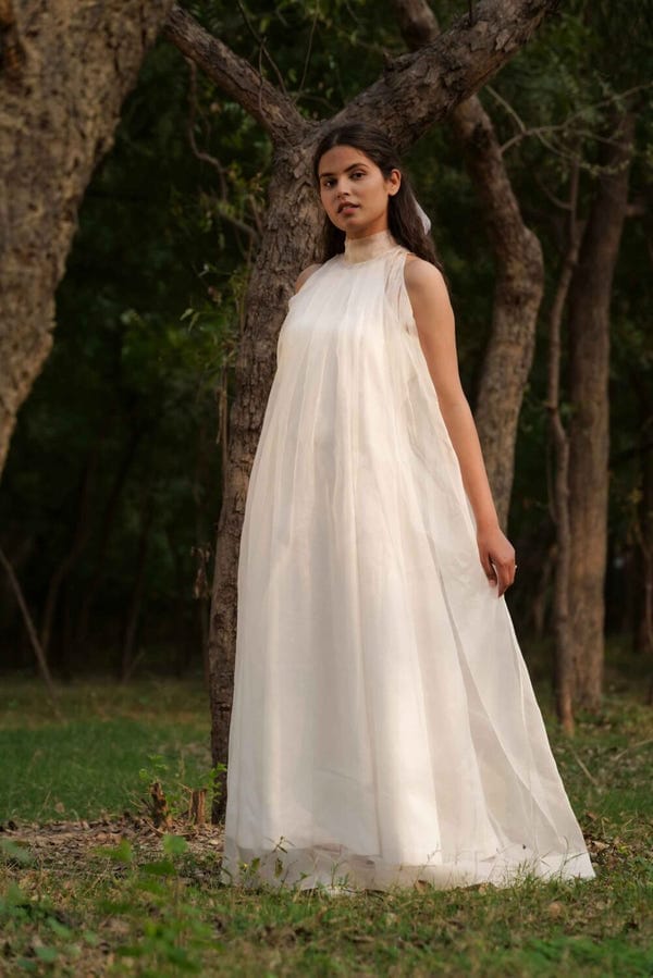 Ahmev — Elizabeth Sheer Pleated Dress With Slip