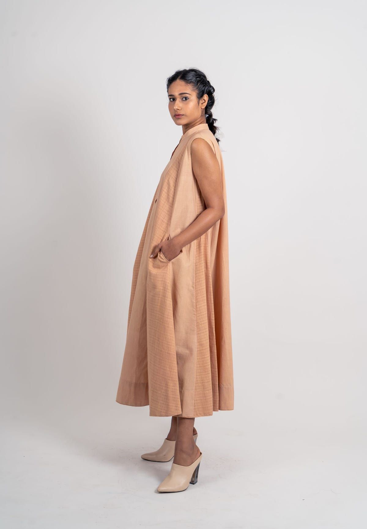 Plain And Textured Godet Dress Sleeveless - image 5