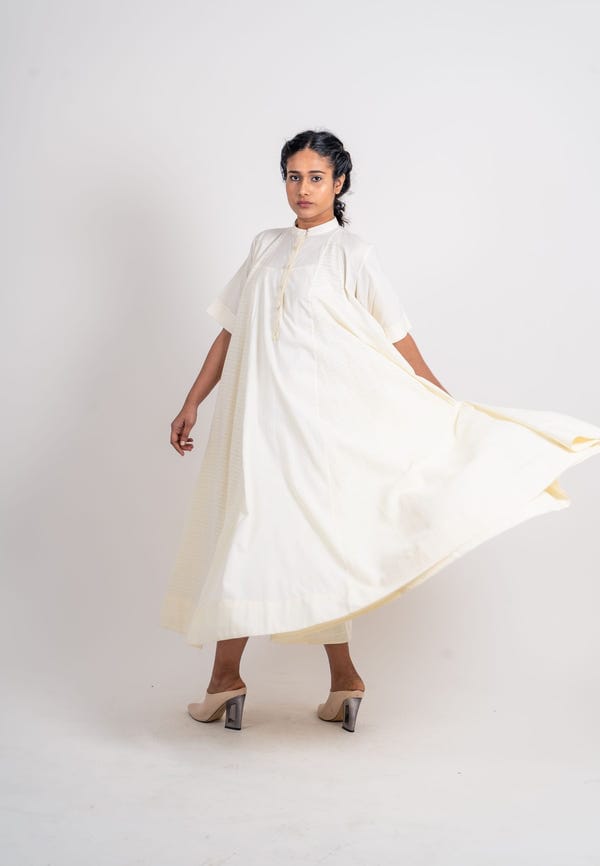 Ahmev — Plain And Textured Godet Dress With Sleeve