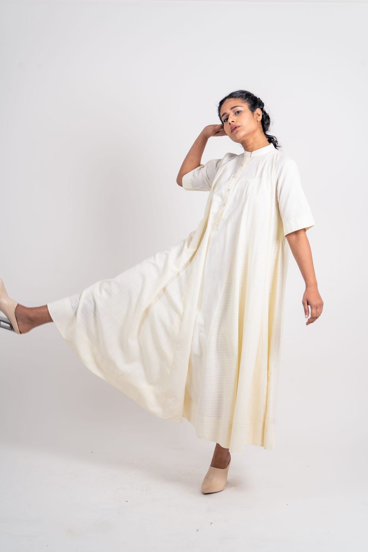 Plain And Textured Godet Dress With Sleeve - image 2
