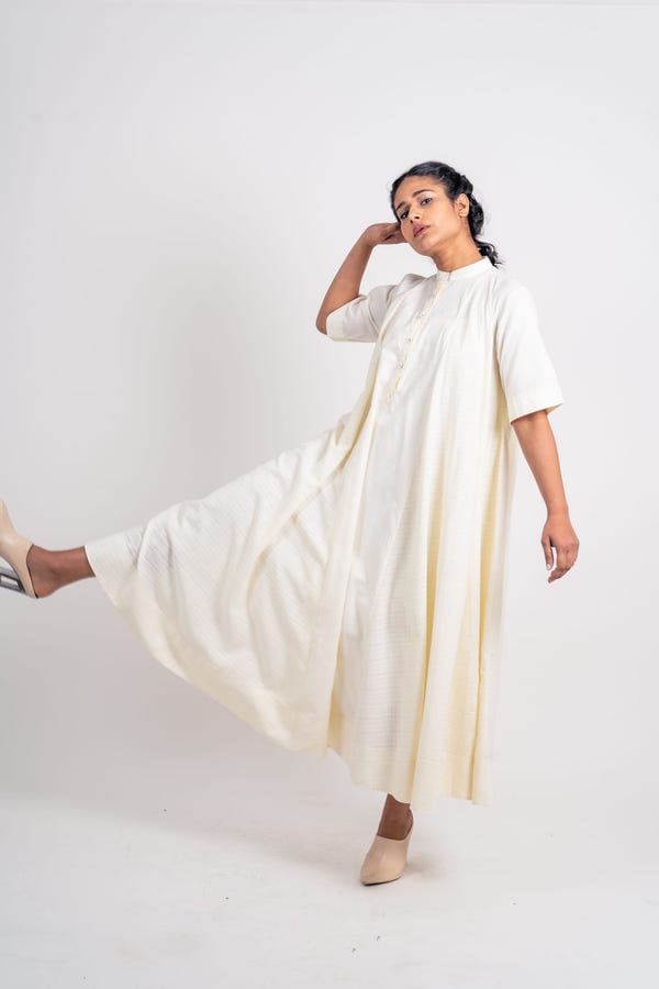 Ahmev — Plain And Textured Godet Dress With Sleeve