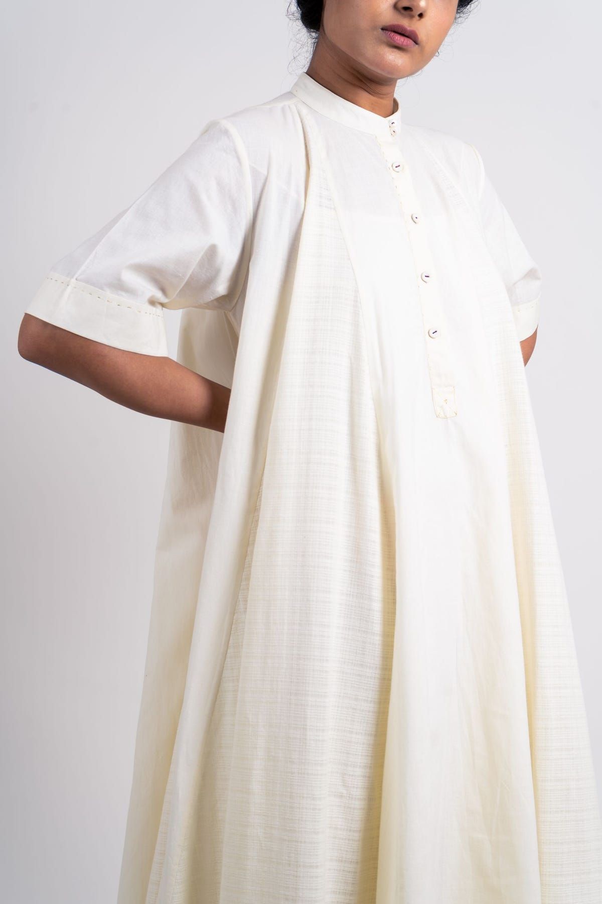 Plain And Textured Godet Dress With Sleeve - image 5