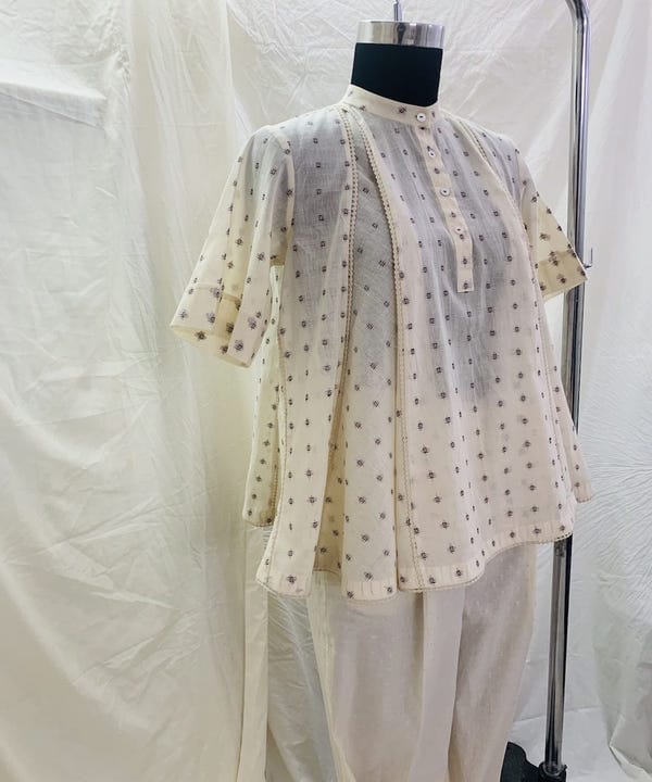 Ahmev — Red Blue Check Panel Top With Sleeve