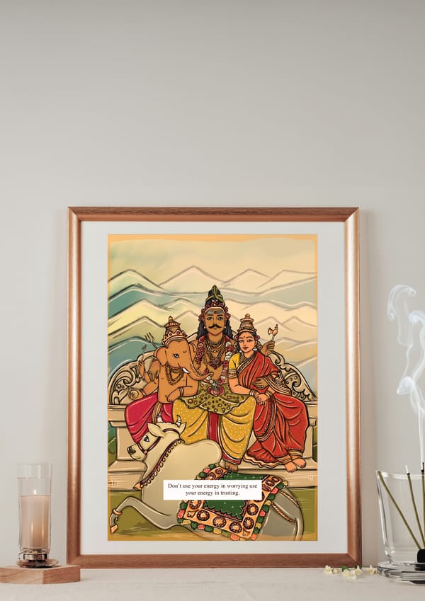 AISHR The Store — Shiva with Parvathi and Ganesha: Msg: Don't use your energy in worrying use your energy in trusting
