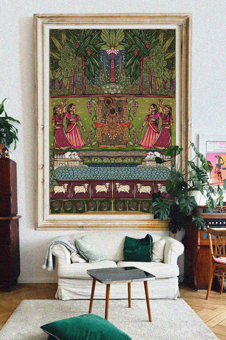 Pichhwai 2 - Srinathji with Dancing Gopis, set in the night sky. - image 2