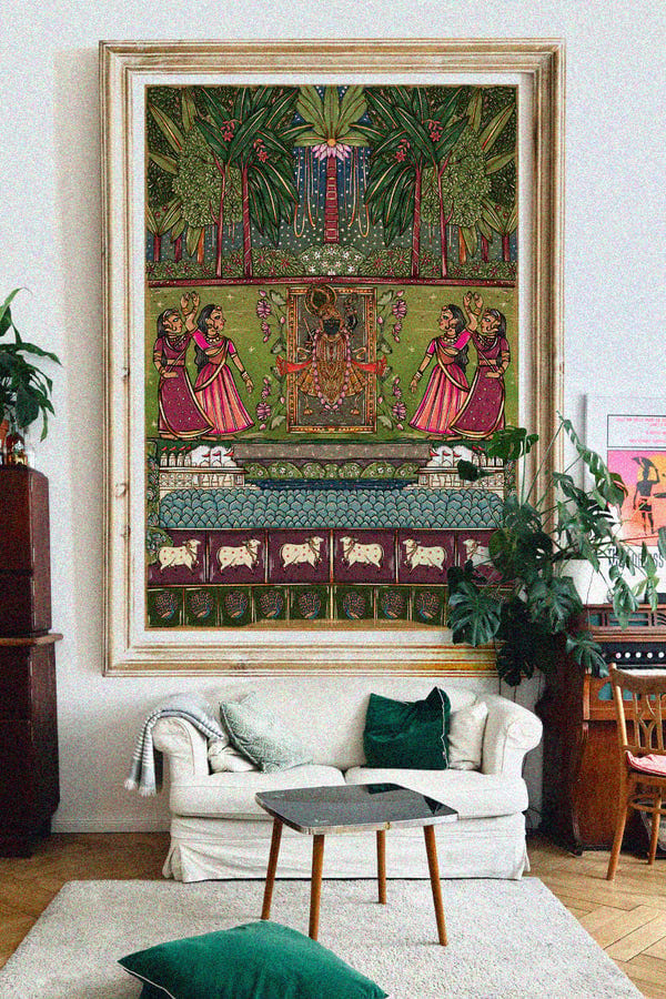 AISHR The Store — Pichhwai 2 - Srinathji with Dancing Gopis, set in the night sky.