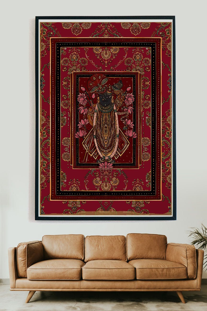 Pichhwai 12 - Srinathji set in a red background - image 2