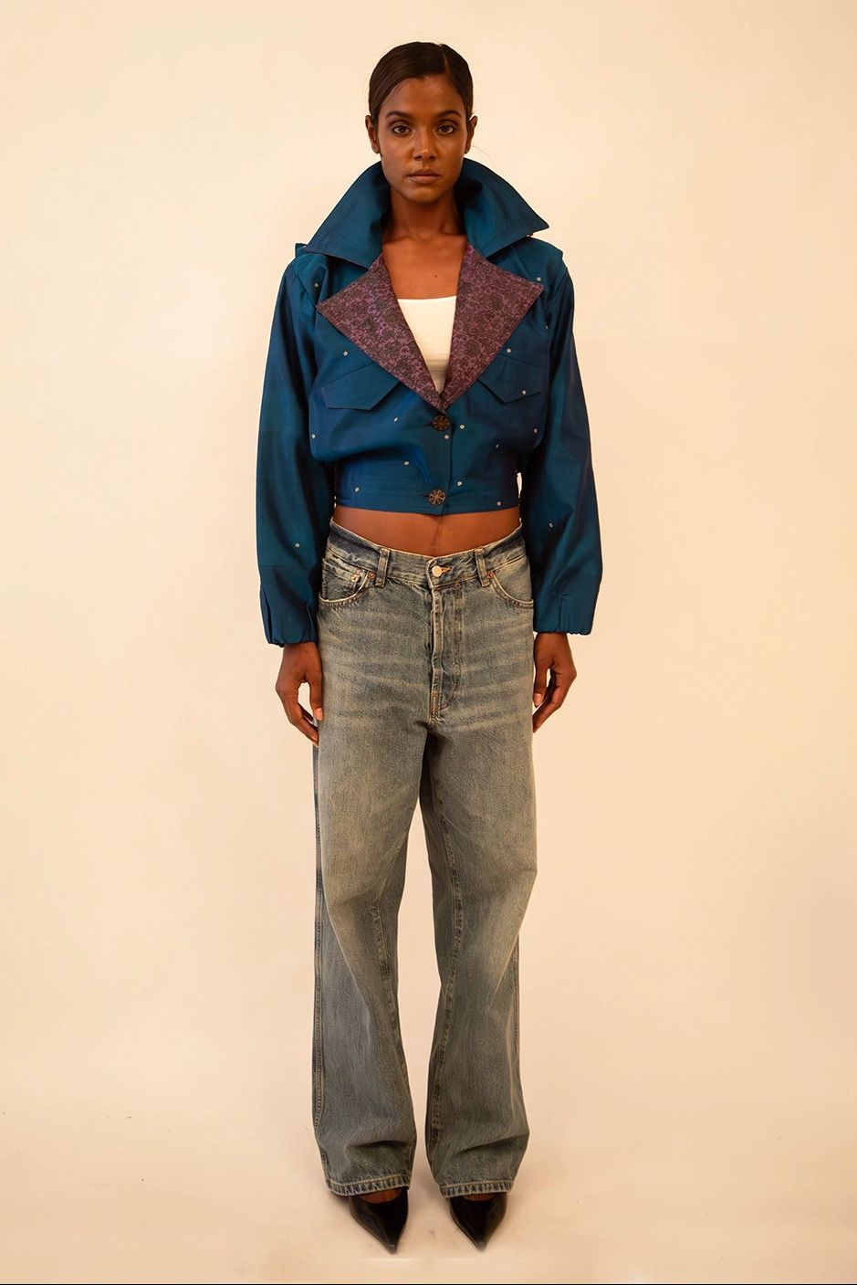 AMBR IV | Cropped Two Toned Silk Brocade Reversible Bomber | S-M - image 1