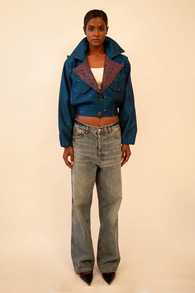 AMBR IV | Cropped Two Toned Silk Brocade Reversible Bomber | S-M