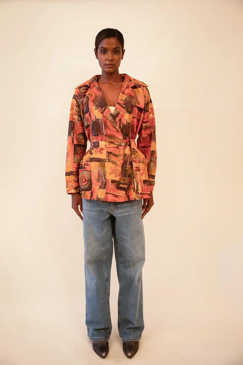 NIRA | Cropped Abstract Print Silk Trench Coat | S-M