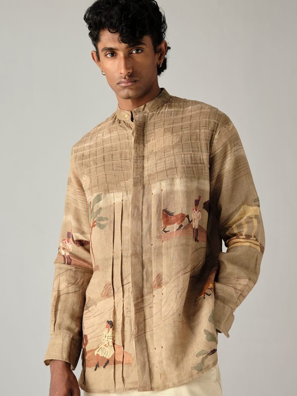 Cord — Pintuck Collarless Shirt