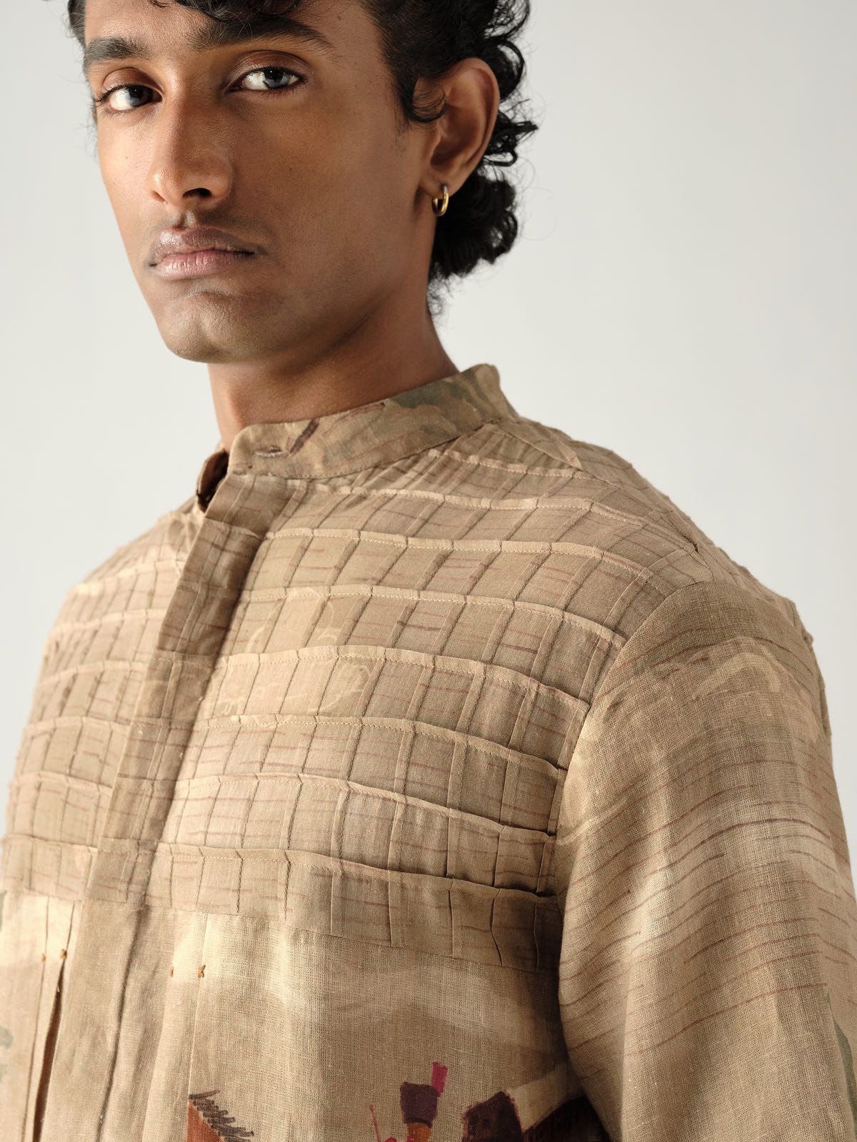 Pintuck Collarless Shirt - image 5