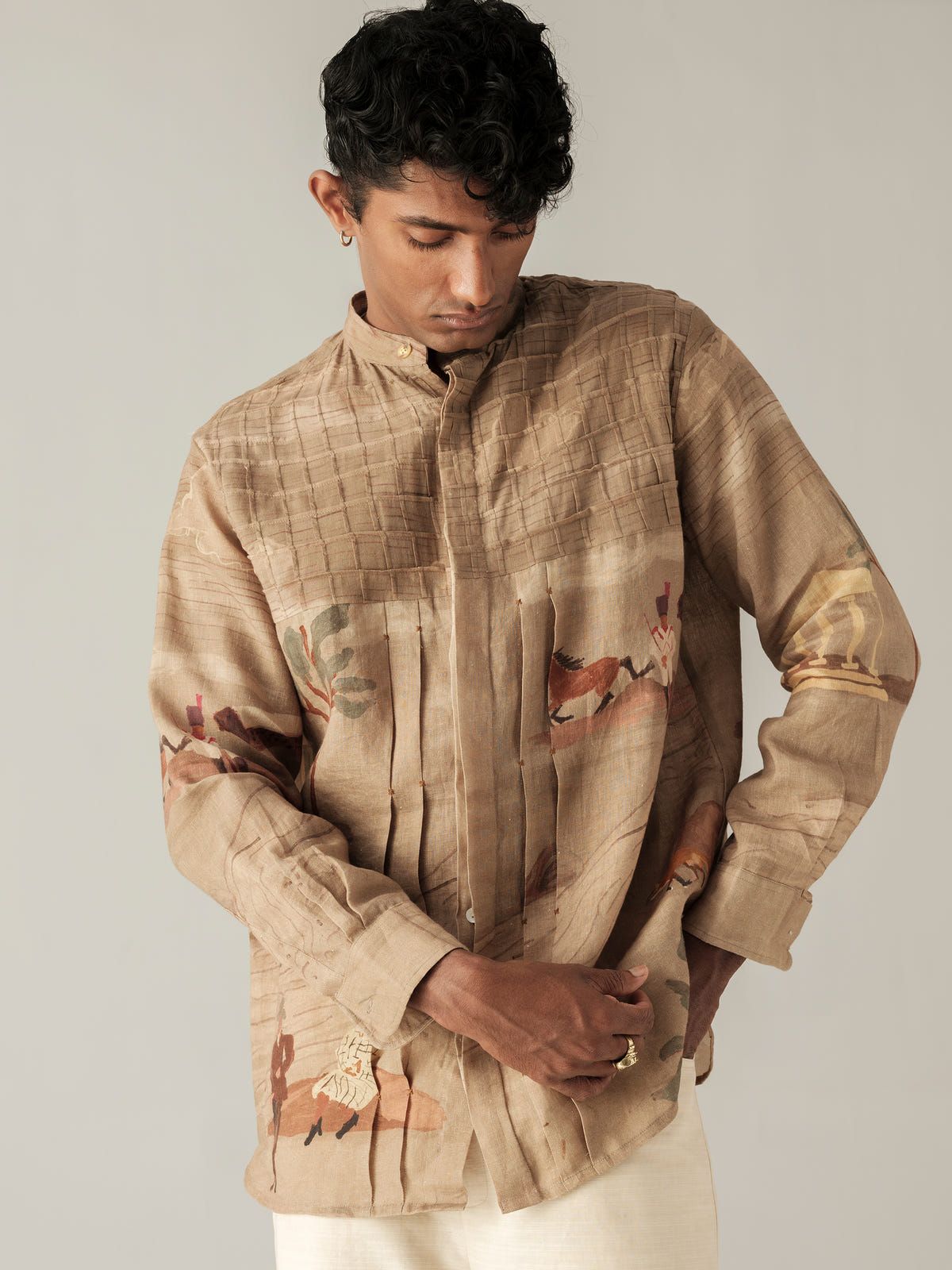 Pintuck Collarless Shirt - image 6