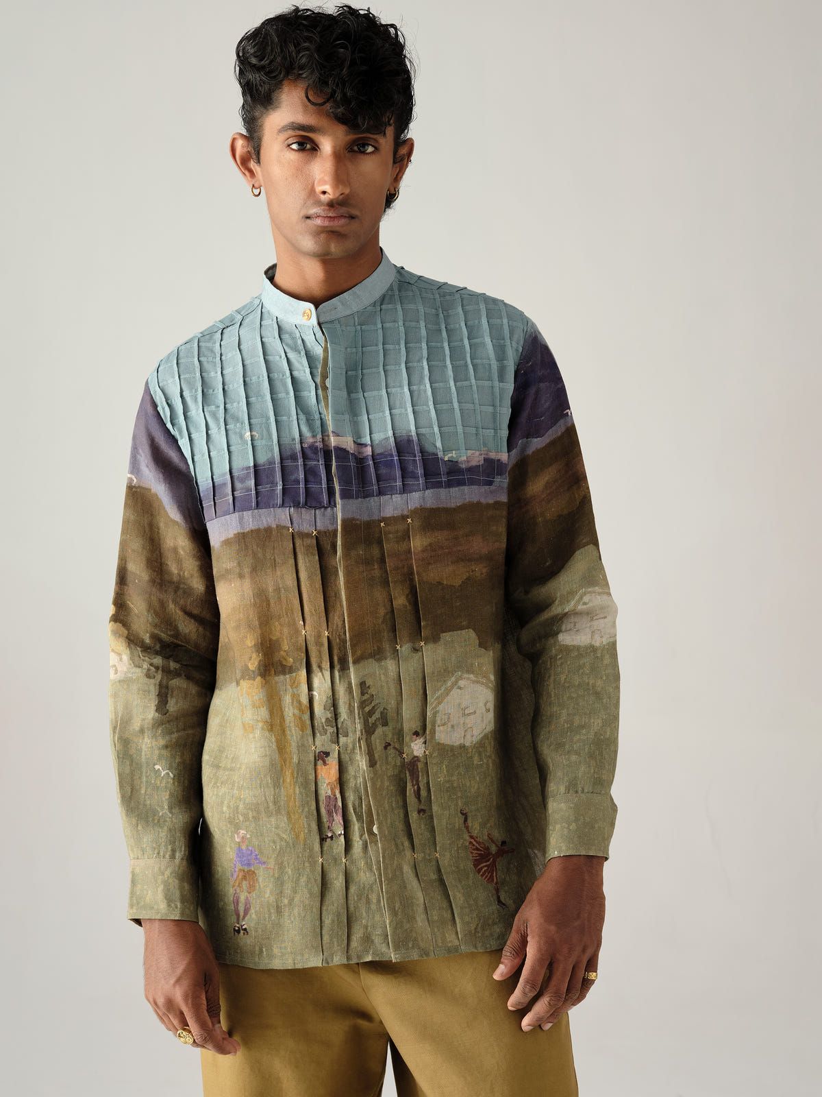 Pintuck Collarless Shirt - image 1