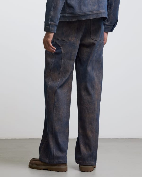 Countrymade India — BAUHAUS COATED PATCHWORK DENIM PANTS