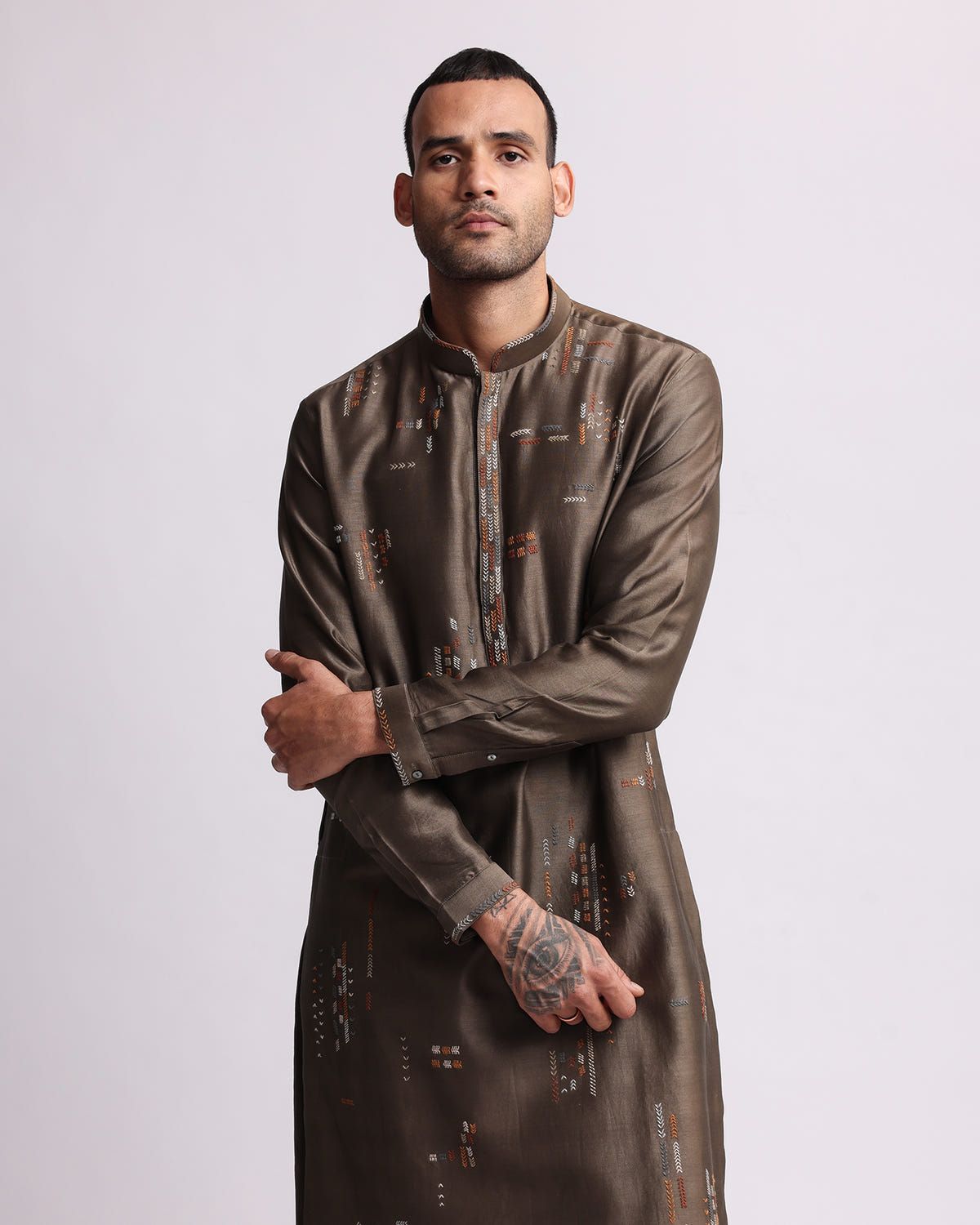 Multi-direction Hand Embroidered Olive Kurta Set - image 2
