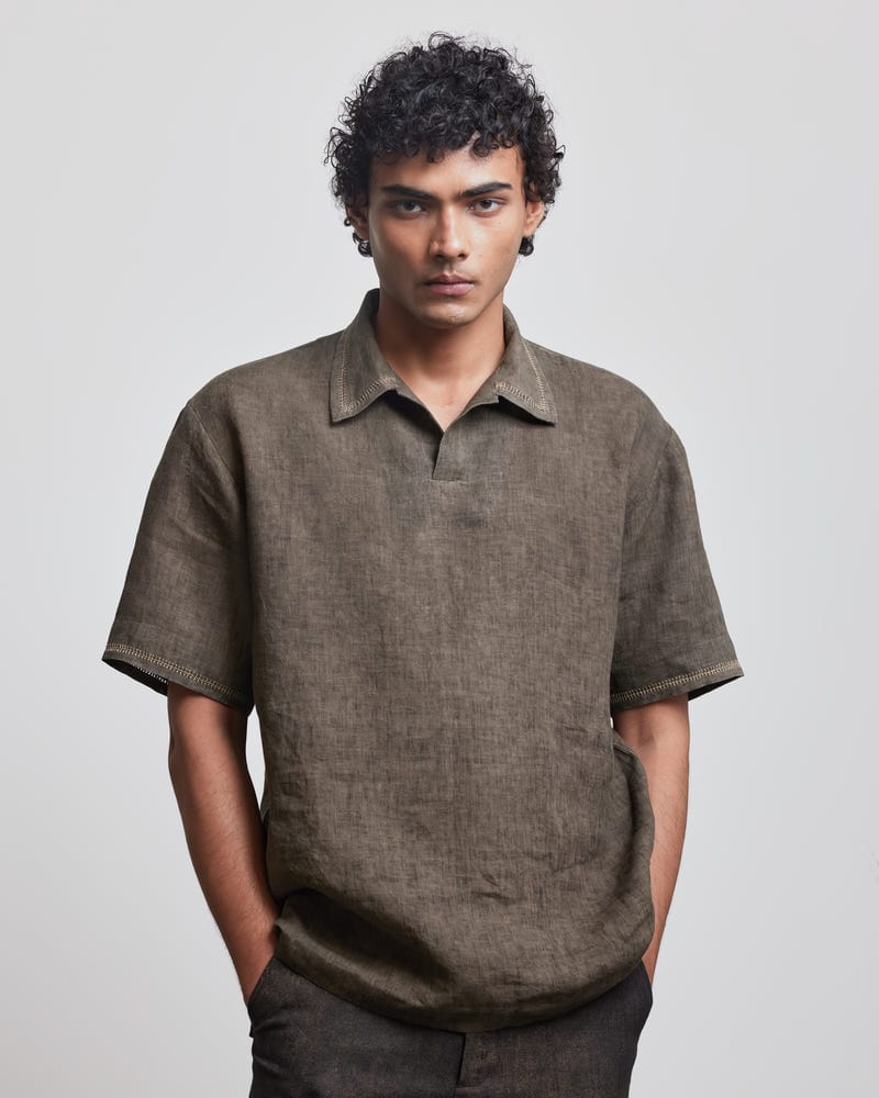STONE BROWN CROCHET POLO SHIRT