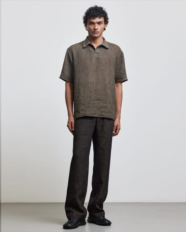 Countrymade India — STONE BROWN CROCHET POLO SHIRT