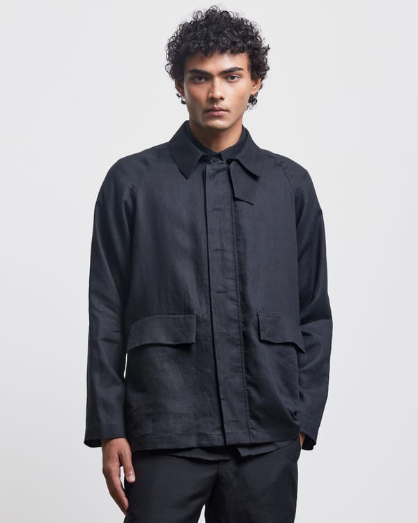 Countrymade India — BLACK FAUX BUTTONHOLE WORKWEAR JACKET