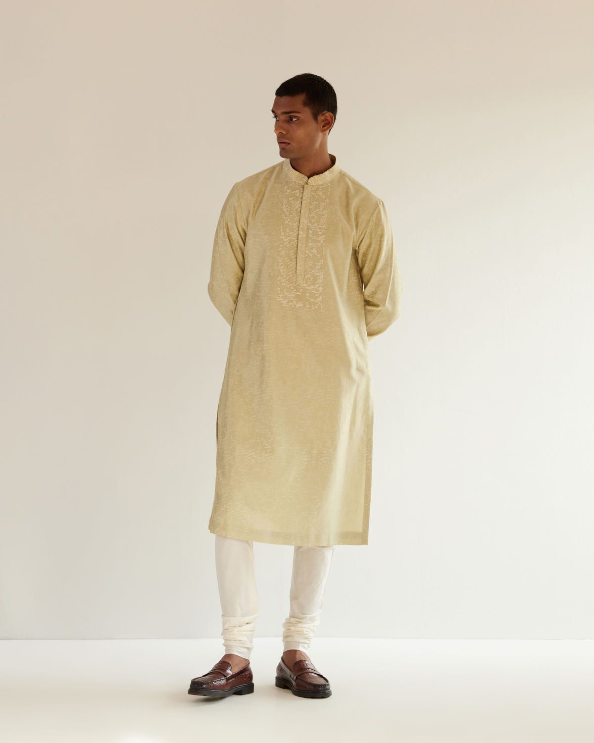 Camo-Block Print Kurta Set With Embroidered Yoke - image 1