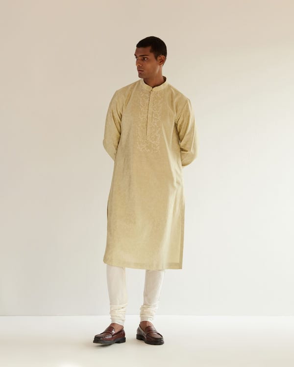 Countrymade India — Camo-Block Print Kurta Set With Embroidered Yoke