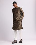 Placement Checks Hand Embroidered Olive Kurta Set view 1