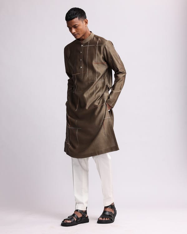 Countrymade India — Placement Checks Hand Embroidered Olive Kurta Set