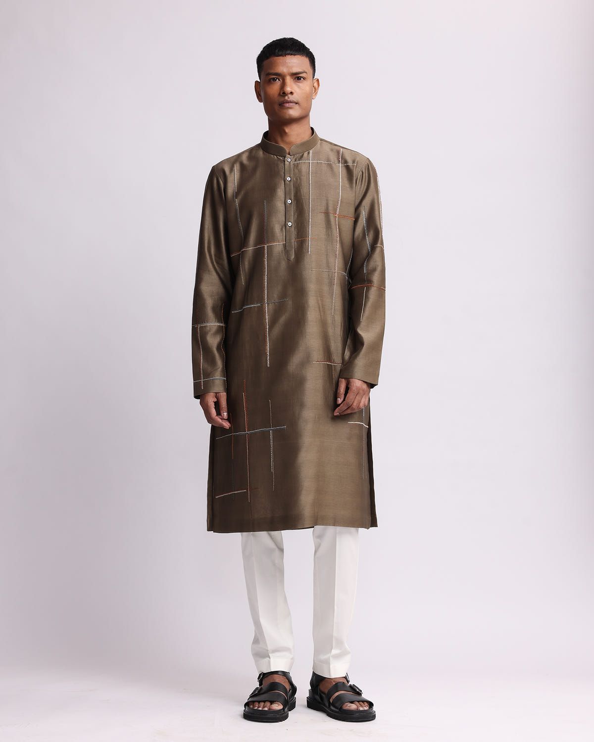 Placement Checks Hand Embroidered Olive Kurta Set - image 2