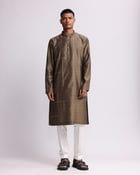Placement Checks Hand Embroidered Olive Kurta Set view 2