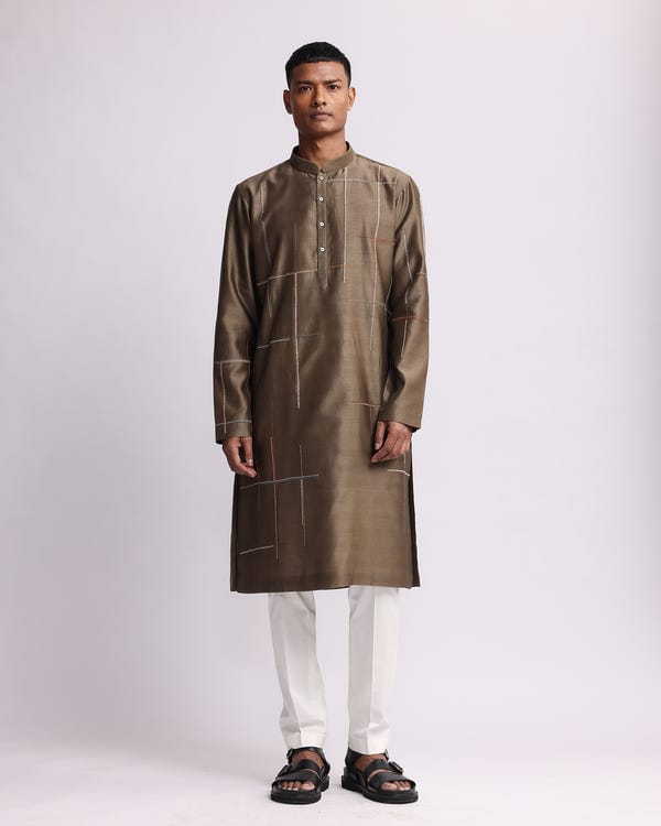 Countrymade India — Placement Checks Hand Embroidered Olive Kurta Set