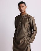 Placement Checks Hand Embroidered Olive Kurta Set view 3