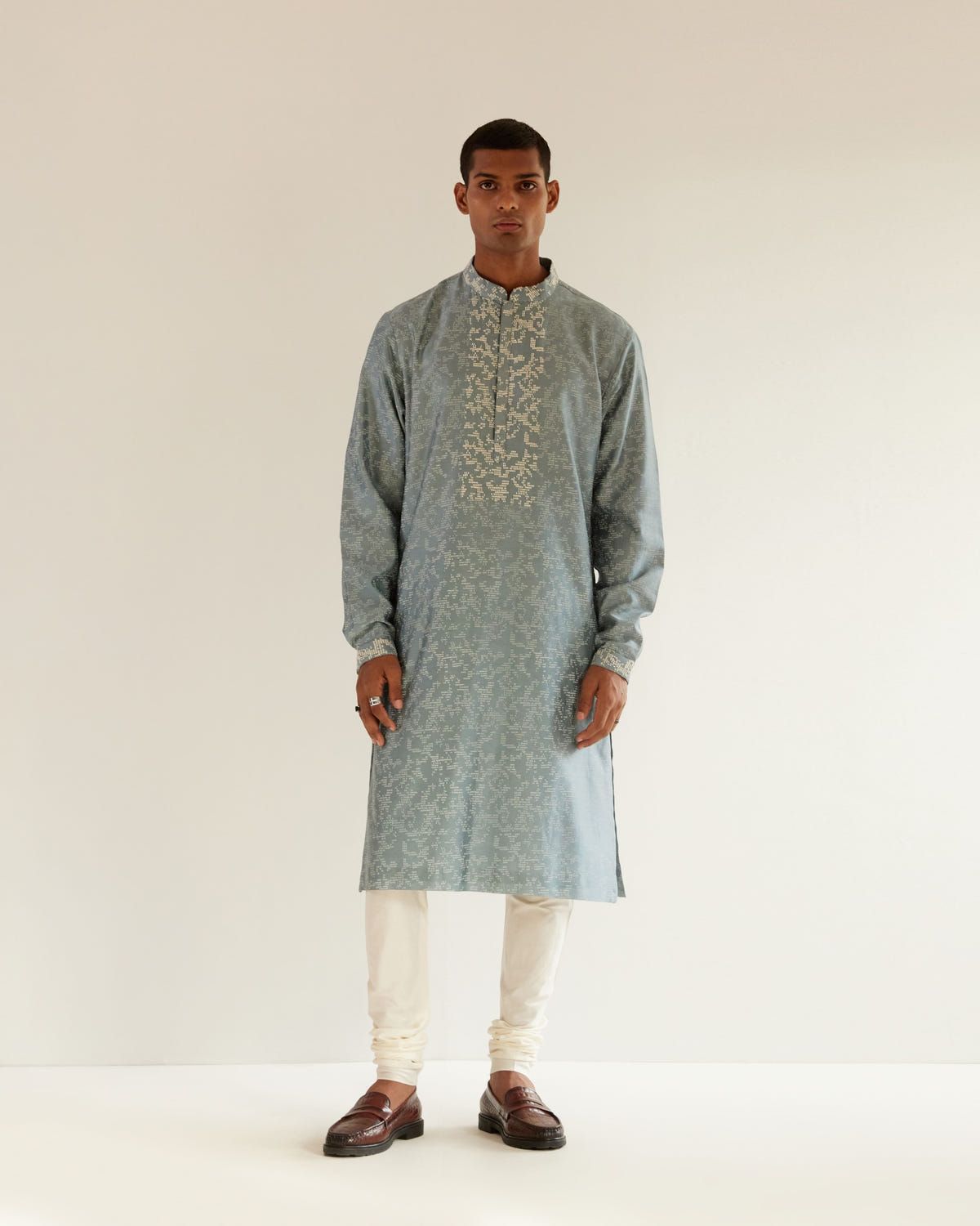 Camo-Block Print Kurta Set With Embroidered Yoke - image 1
