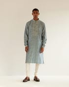 Camo-Block Print Kurta Set With Embroidered Yoke view 1