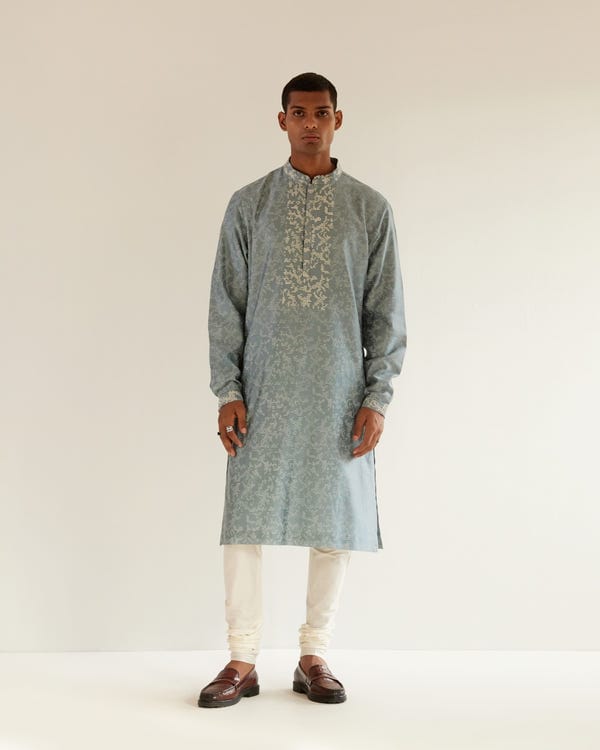 Countrymade India — Camo-Block Print Kurta Set With Embroidered Yoke