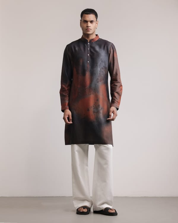 Countrymade India — Rust-Concrete Print Silk Kurta