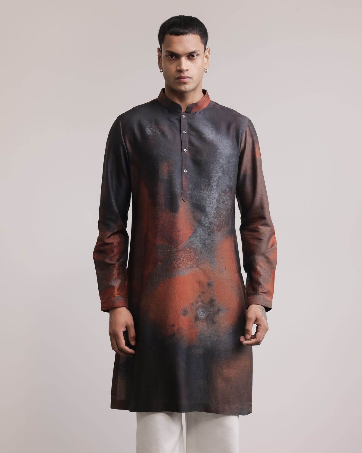 Rust-Concrete Print Silk Kurta - image 3